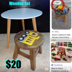 $20 Kids Wooden table set with a hand carved Stool very sturdy great for snack time,coloring etc.
