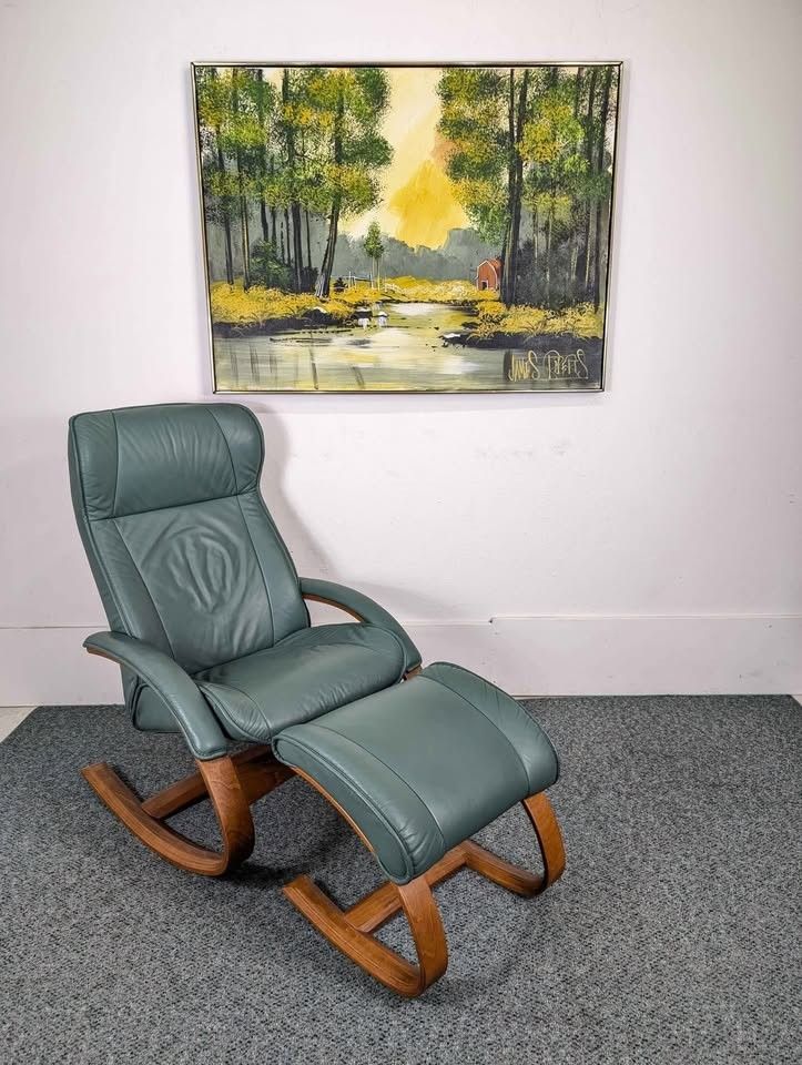 Ekornes Stressless Teak & Leather Lounge Chair Rocker Recliner & Ottoman