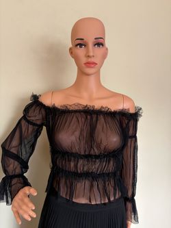 Black Sheer Ruffle Blouse Long Sleeve Peplum Top