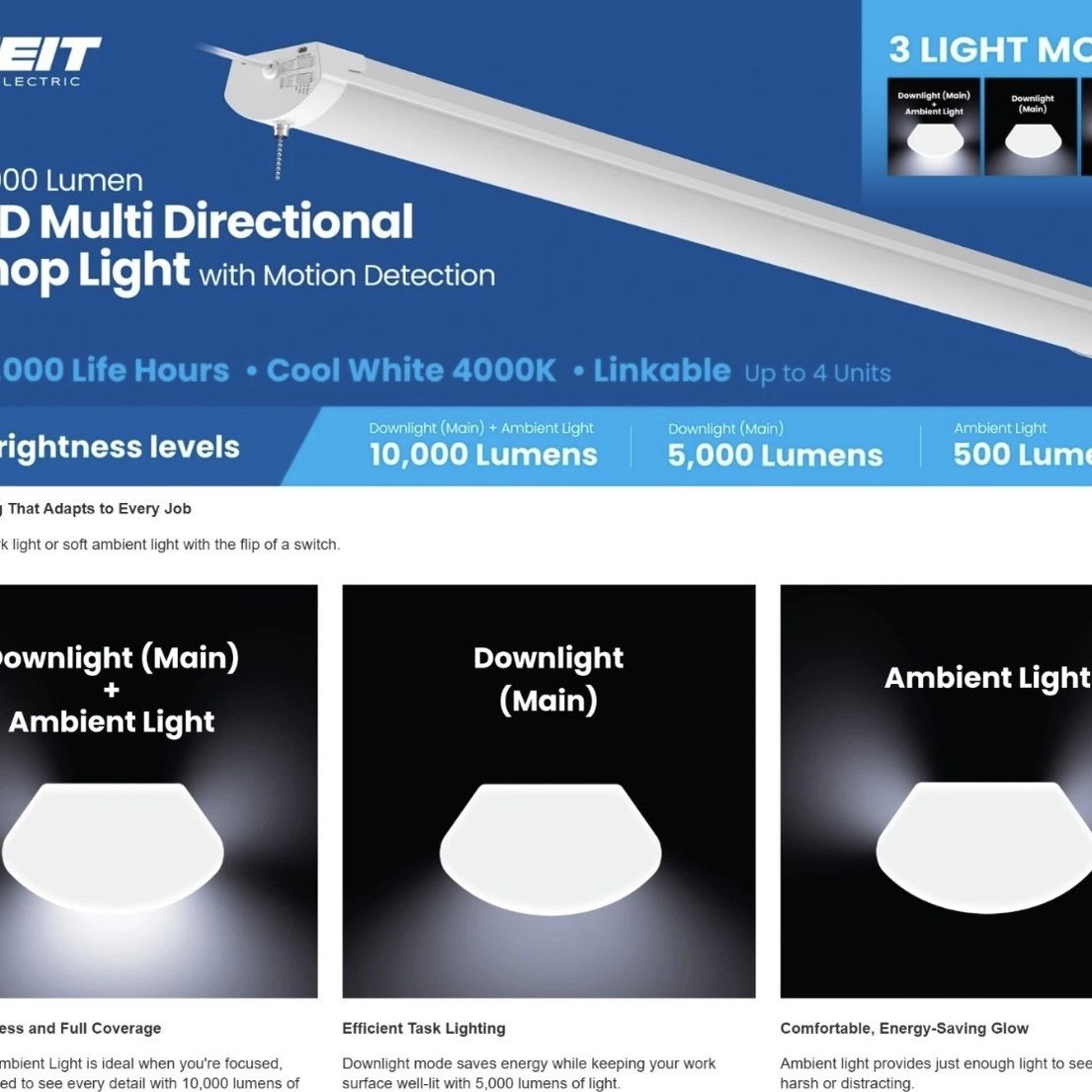 Feit 10,000 Lumen Multi-Directional Shop Light with Motion Detection ...