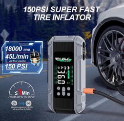 Brand New 8000A Car Jump Starter with 150PSI Tire Air Compressor, PD 65W Fast Charger, Emergency Flashlight