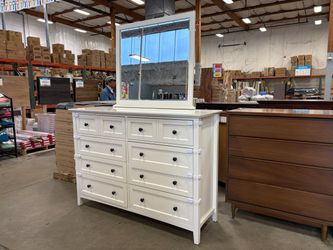 White 8 Drawer Dresser with Mirror and Black Metal Pulls and Child Safety Locks