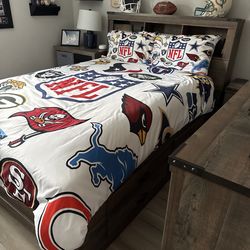 Full size bed (without mattress), wooden furniture including dresser and 1 nightstand in very good condition