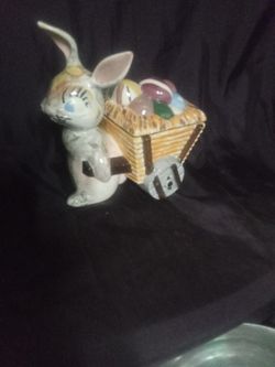 Hand Made Ceramic Easter Bunny Pulling Wagon Of Eggs Figurine 
