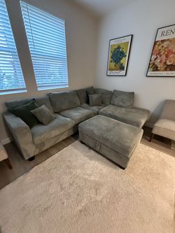 Gray Corduroy Sectional Sofa with Storage Ottoman 8.5ftx6.5ft