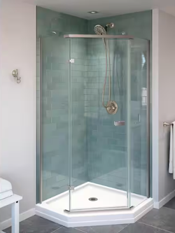 Neo-Angle Pivot Frameless Corner Shower Enclosure in Stainless with Clear Glass
