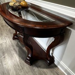 Elegant Wooden Entryway Half Table – Glass Top