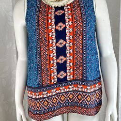 Anne Carson Large Boho Sleeveless Tank Blue Orange Floral Full Button Back Top