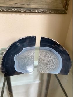 Pair of polished natural gray and white agate geode