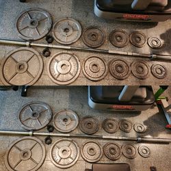300LB OLYMPIC WEIGHTS STEEL 2" WEIGHT PLATES + 7FT BAR AND CLIPS

