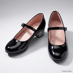 Girls' Black Patent Dress Shoes Glitter Block Heel Size 2