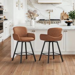 26”H Faux Leather Swivel Counter Stools, Brown (Set of 2)