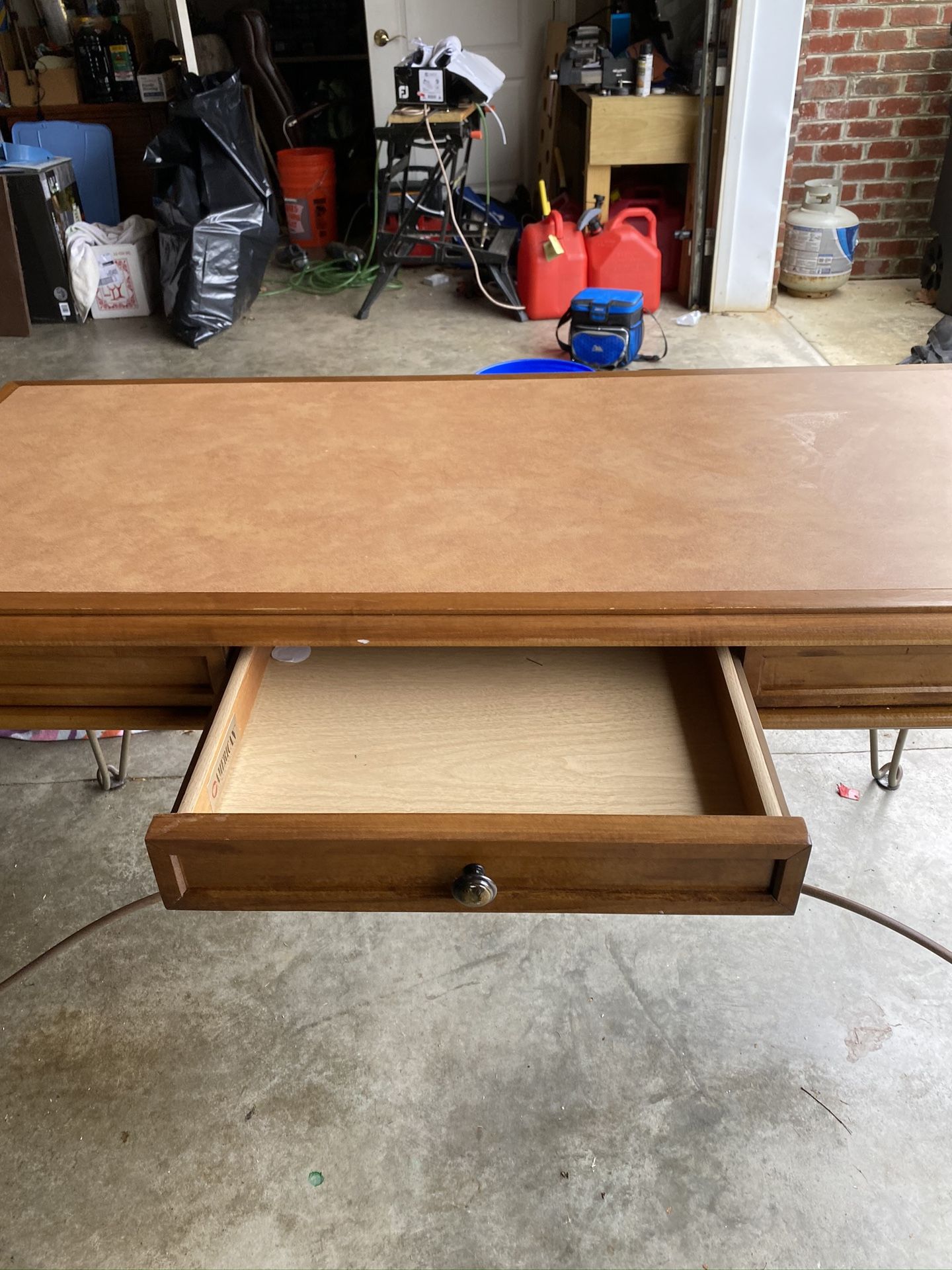 American of Martinsville leather topped desk, metal frame