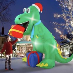 8ft Christmas Inflatable Dinosaur, Christmas Inflatables Blow Up Yard Decorations with Built-in LEDs, Inflatable Outdoor Decorations for Christmas Par