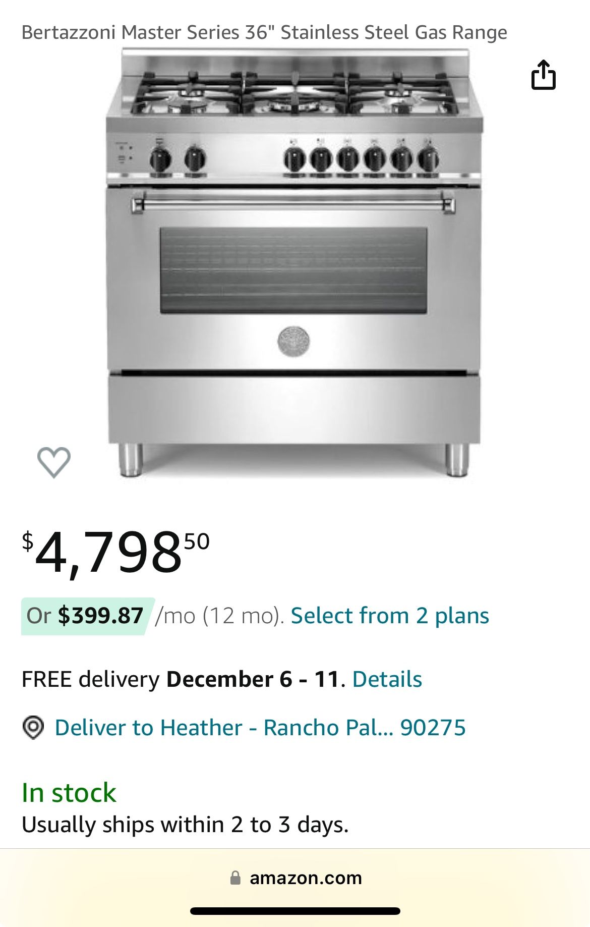 Bertazzoni Master Series 36” Gas Range Used 500$