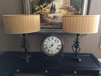 Two Black Metal Table Lamps with Fabric Shades (Each Lamp $5)  & Vintage Table Clock ($5)