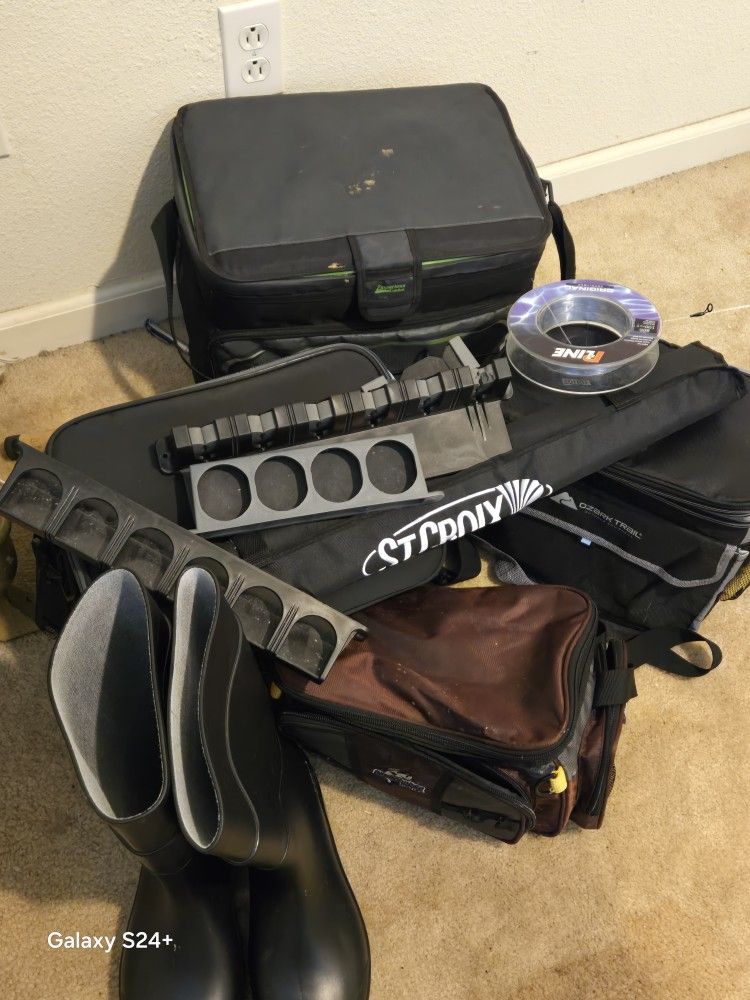 Coolers, Fishing Rod Holders And Bag And Rubber Boots 