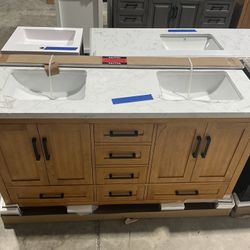 60” Bathroom Vanity in teak , double sink soft close solid wood with vanity top in white  $899  Luke’s liquidations warehouse Address:  2434 N Forsyth