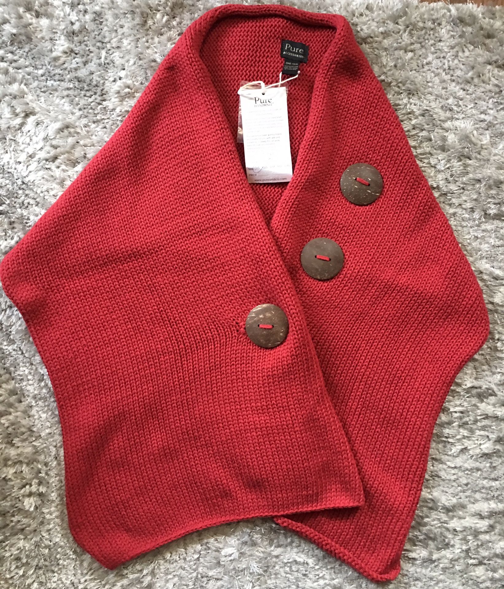 NWT Pure Handknit Accessories 3 Button Wrap Shawl Scarf Cotton Red Open Knit