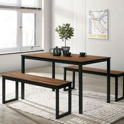 Brand New Industrial Walnut/Black Metal 3pc Dining Table Set 