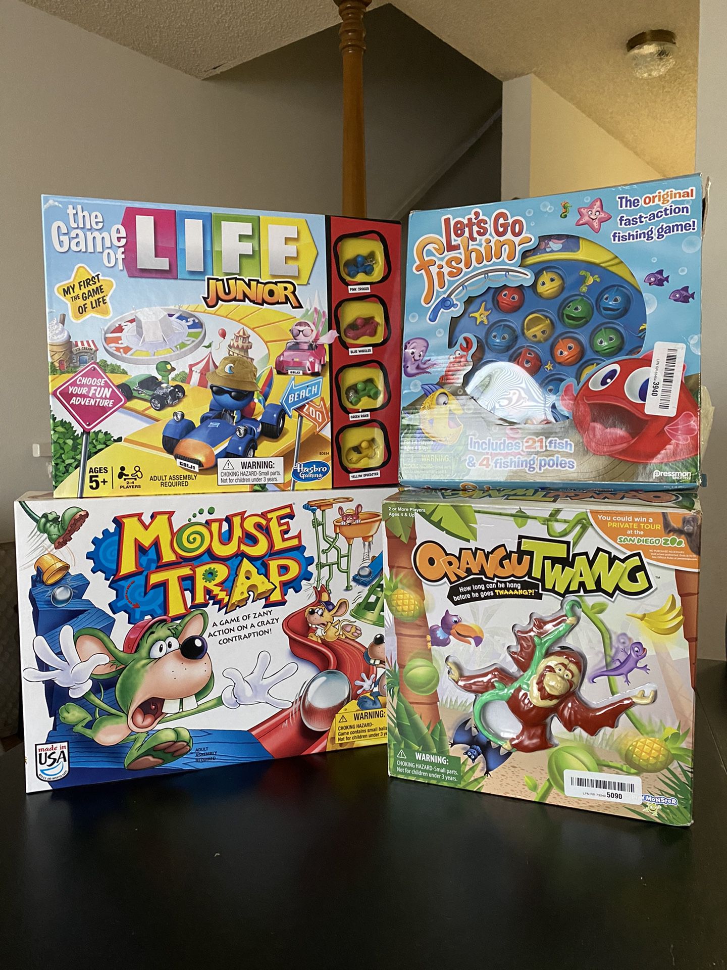 KIDS FAMILY GAME BUNDLE - MOUSE TRAP, THE GAME OF LIFE, LET’S GO FISHING, ORANGUTWANG
