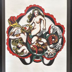 Vintage  Sailor Vern Mermaid Neptune Tattoo Flash Print 