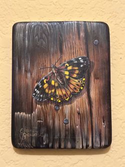 Beautiful Vintage Original Trompe L’oeil Butterfly Wood Panel Painting by Elaine Bowden