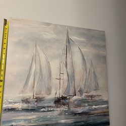22 Inch Large Canvas Of A Group Of Sailboats On The Water Nautical Artwork On Wood Frame W/Raise Oil Paint Details. 