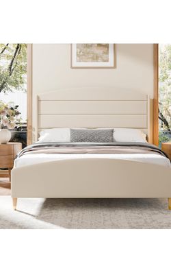 King Upholstered Bed Frame Beige Velvet w/ Modern Headboard