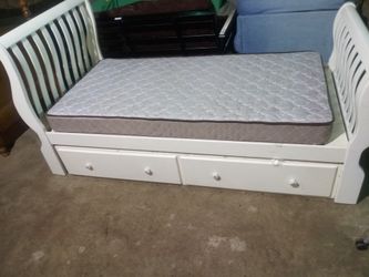White Twin Trundle Bed & Twin Mattress