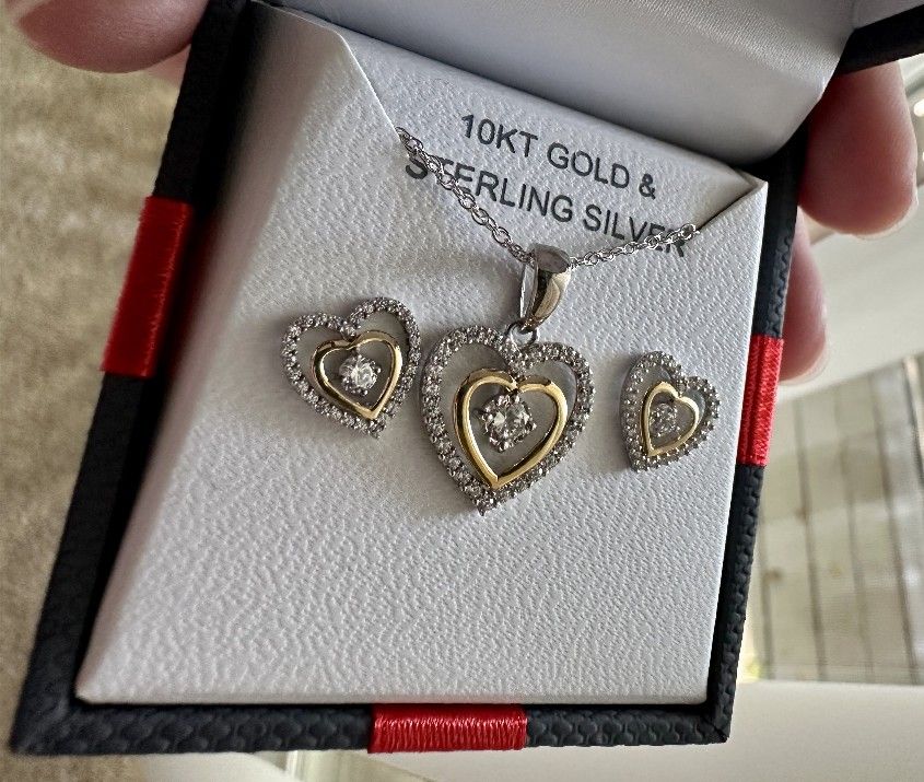 18" 10KT Gold & Sterling Silver Heart Chain and Earring Set