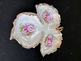 Vintage Limoges France Porcelain Leaf Dish Pink Roses Gold Gilt Iridescent Trinket Dish