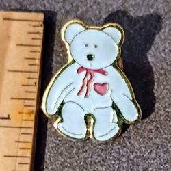 White Teddy Bear Bow Tie Red Heart Vintage Collectible Lapel Pin A-1