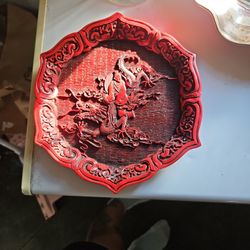 Antique Vintage Chinese Red Cinnabar Lacquer Scalloped Luohan Dragon Plate 
