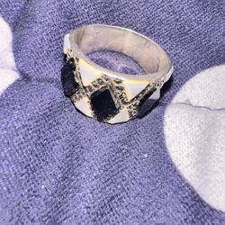 Onyx Mother of Pearl Mosaic Inlay Sterling Silver Ring