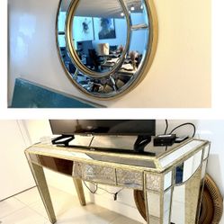 Hollywood Regency Style Distressed Mirrored Console table + Mirror  