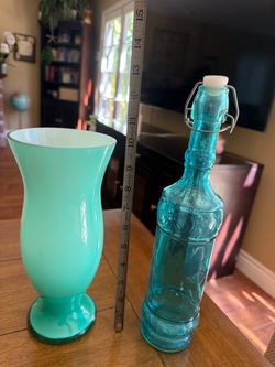 Teal Glass Vase and Blue Decorative Bottle