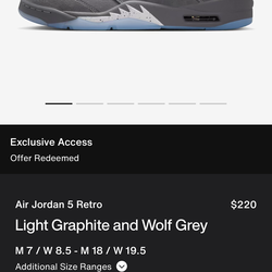 Jordan 5s Wolf Grey size 10.5 and 11