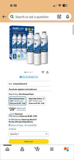Pureline Refrigerator Water Filter Model #PL-200