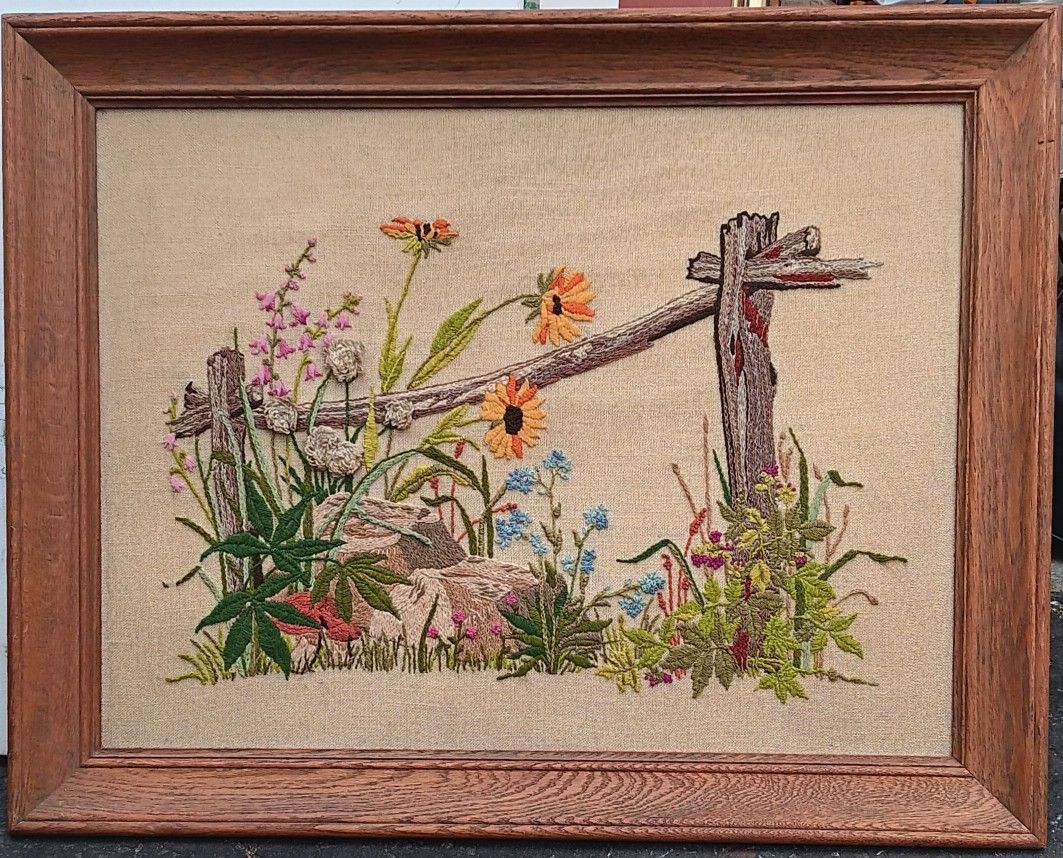 Vintage hippie floral tapestry, embroidered "Along the Way", a Paragon Crewel piece, finished, original Georgia Ball design from the 1970s