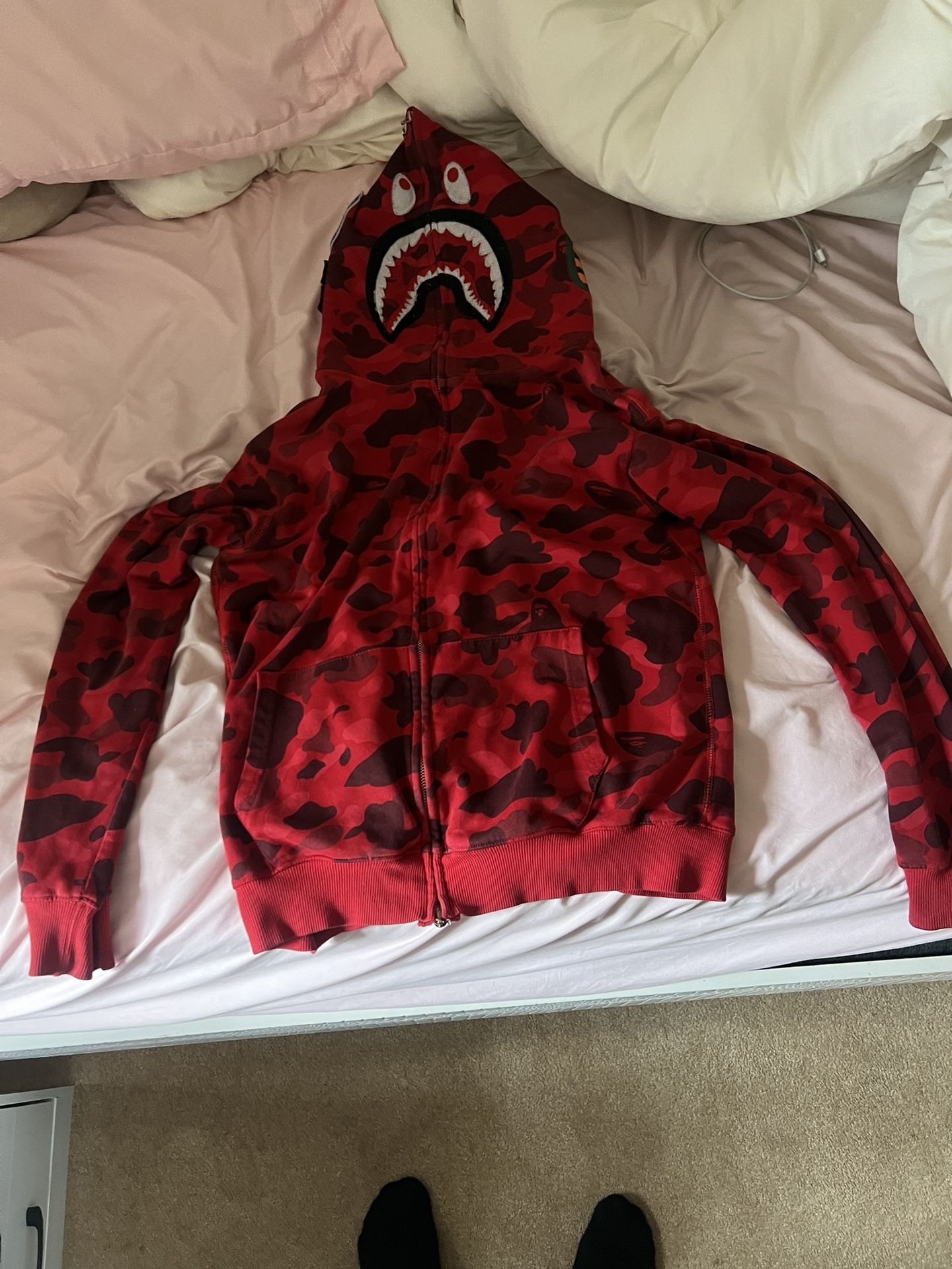 RED BAPE HOODIE SLIGHTLY WORN, DOWN FOR TRADES