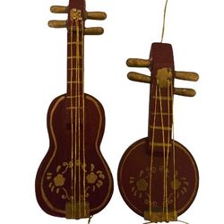 vintage Russ wooden string instruments Christmas ornaments   5" and 3 1/2"