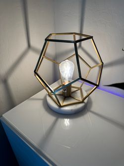 Modern Gold Geometric Cage Table Lamp | White Marble Base | Edison Bulb