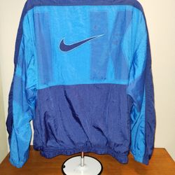 Vintage 90s Navy & Baby Blue Nike Zip-Up Spell-Out Jacket Windbreaker XL.