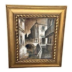 Vintage Abstract Oil Painting Canvas MCM Village Canal Signed M Reina Gold Frame