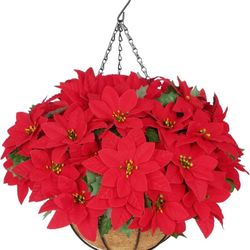 BLEUM CADE Artificial Christmas Flowers Hanging Poinsettias with Basket for Outdoors, Artificial Hanging Red Poinsettias for Xmas