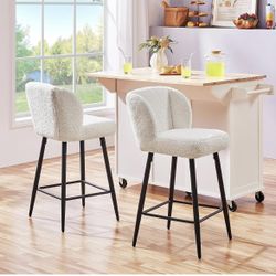 Barstools Set of 2 - White Boucle Fabric Kitchen Stools With Back, Modern Upholstered Bar Chairs With Black Metal Legs for Kitchen Counter, Restaurant