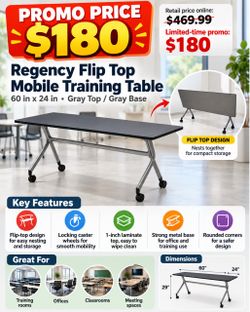 Regency En Route Flip Top Mobile Training Table — 60in. x 24in., Grey Top & Grey Base, Locking Casters, Model# MMFB6024GYGY