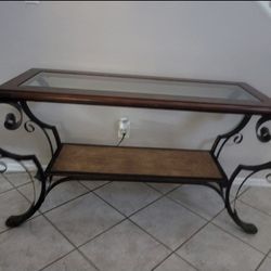 Elegant Glass-Top Console / Sofa Table with Wrought Iron Base
