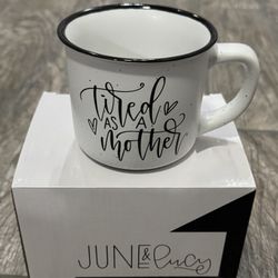 Tired As A Mother Mug, 15 oz, New Mom Gift, June & Lucy, Black and White
